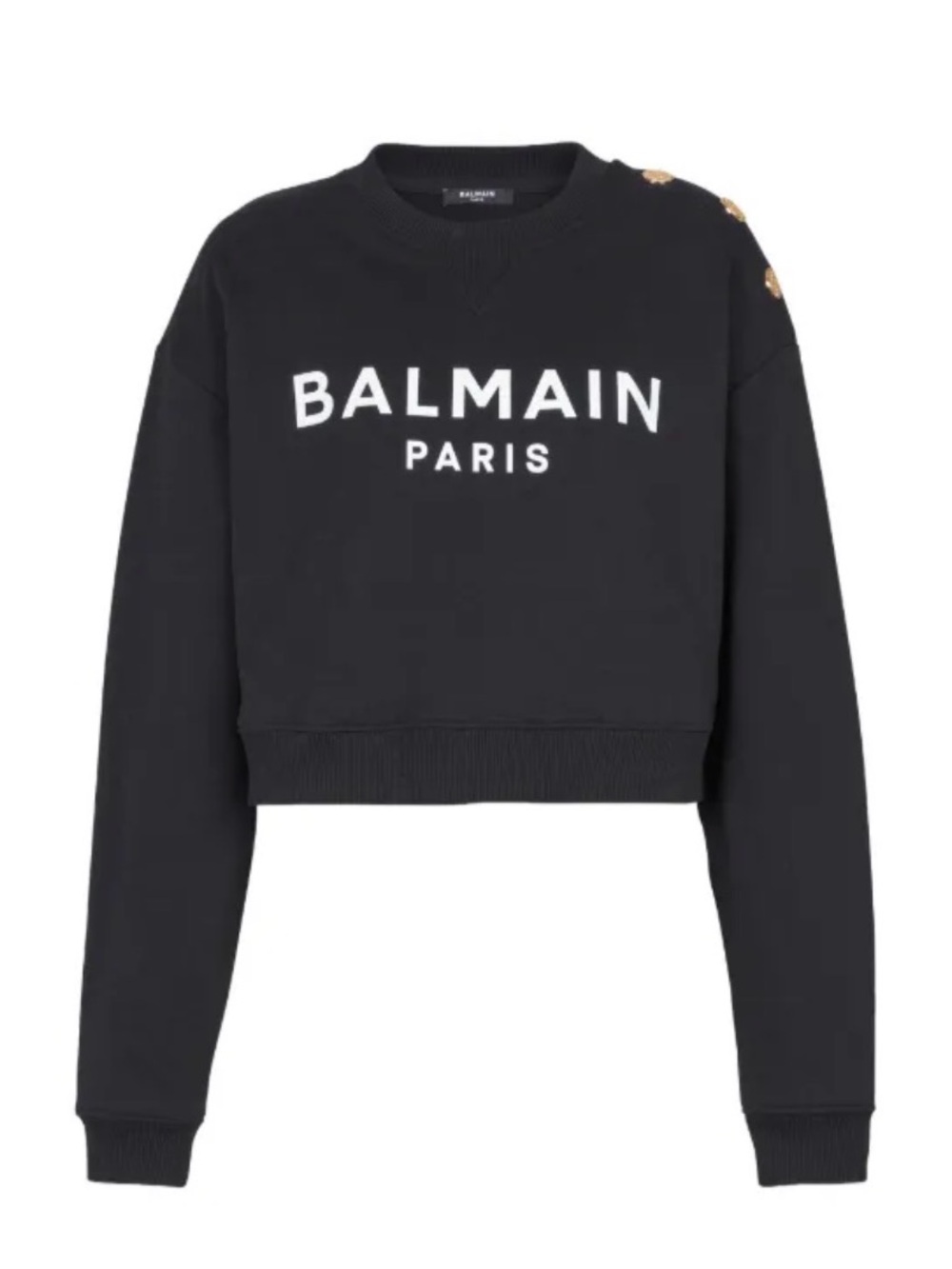 Balmain Black Cropped Logo Sweatshirt with Gold Buttons